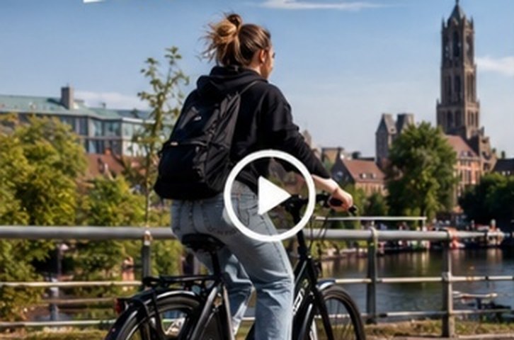ZOEF dom Studente fietst met ZOEF langs de gracht met de Dom op de achtergrond
