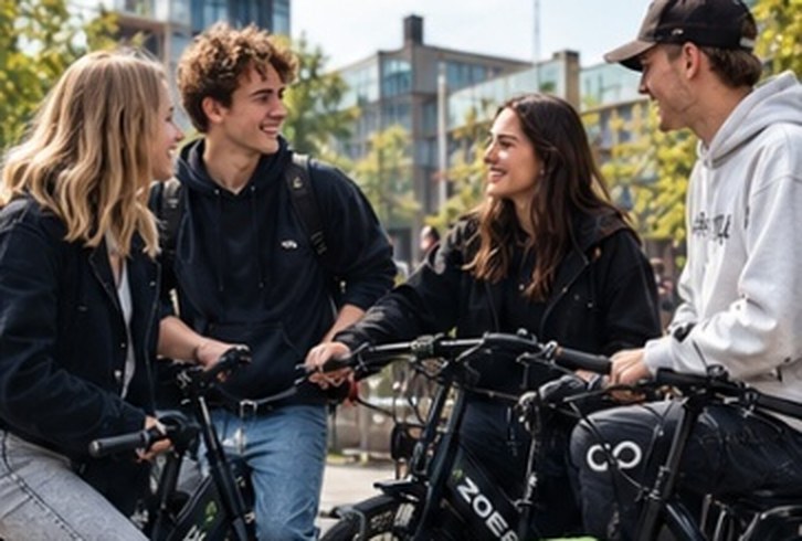 ZOEF groep Vier studenten met ZOEF e-bikes in de stad