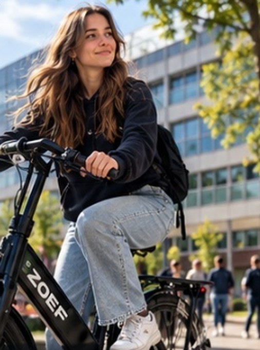 Studente op een zwarte ZOEF e-bike voor een schoolgebouw